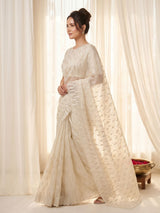 Cream Pure Organza Silk Crush Saree Designer Party Wear Saree With Turkish Work Embroidered Cutwork Border Wedding Festive Saree
