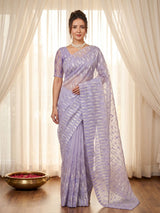 Lavender Pure Organza Silk Crush Saree Designer Party Wear Saree With Turkish Work Embroidered Cutwork Border Wedding Festive Saree