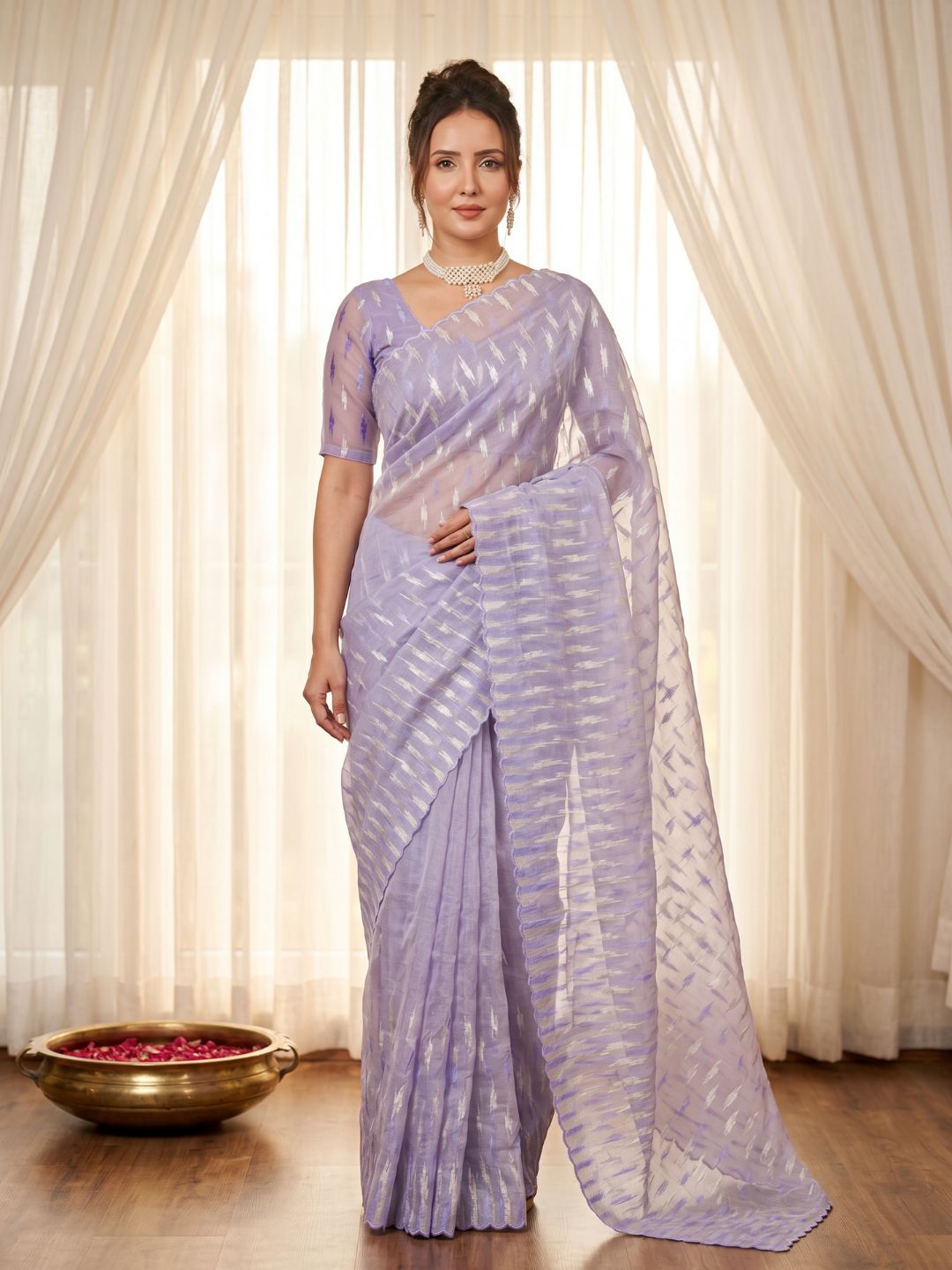 Lavender Pure Organza Silk Crush Saree Designer Party Wear Saree With Turkish Work Embroidered Cutwork Border Wedding Festive Saree