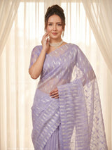 Lavender Pure Organza Silk Crush Saree Designer Party Wear Saree With Turkish Work Embroidered Cutwork Border Wedding Festive Saree