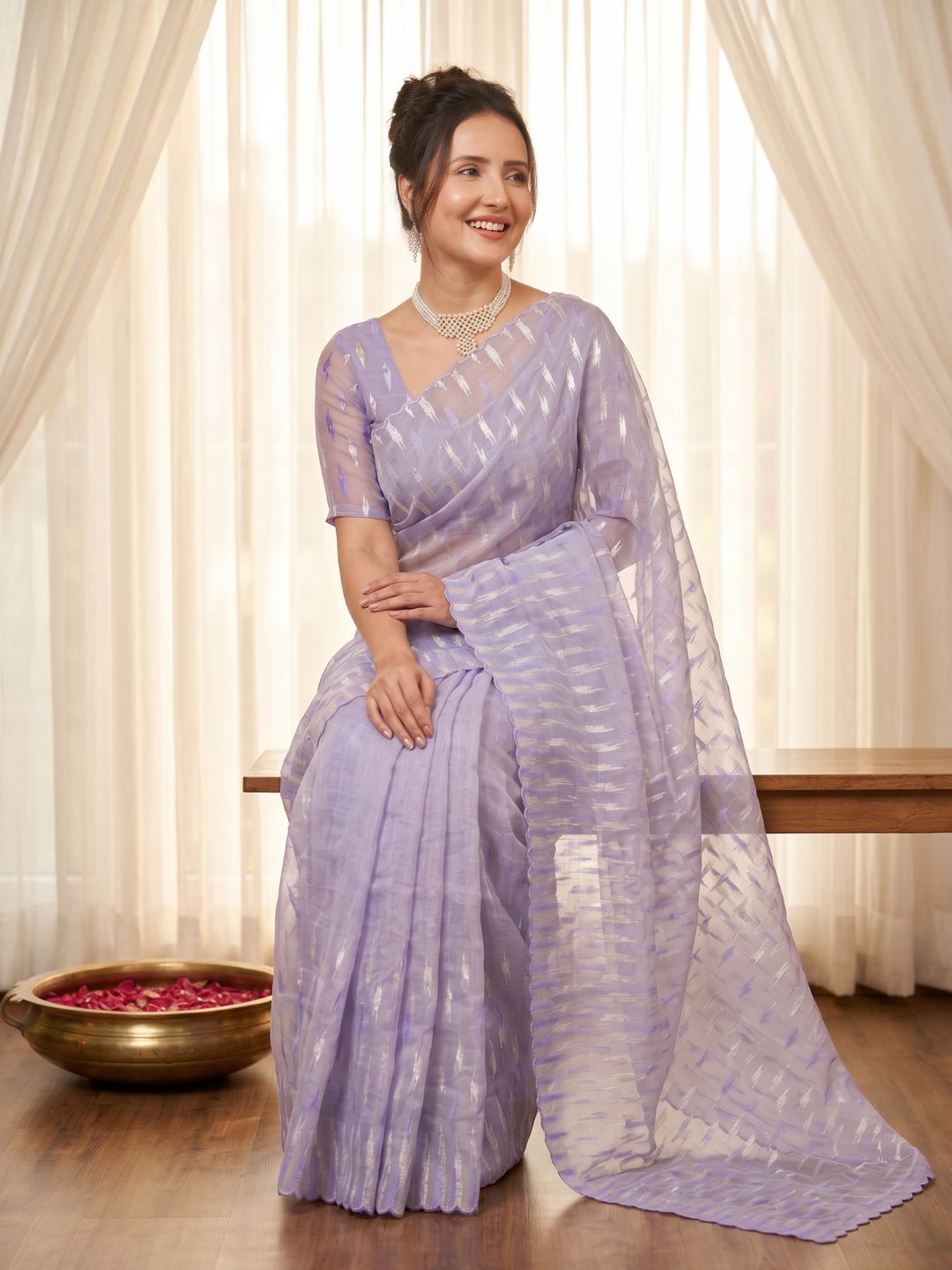 Lavender Pure Organza Silk Crush Saree Designer Party Wear Saree With Turkish Work Embroidered Cutwork Border Wedding Festive Saree