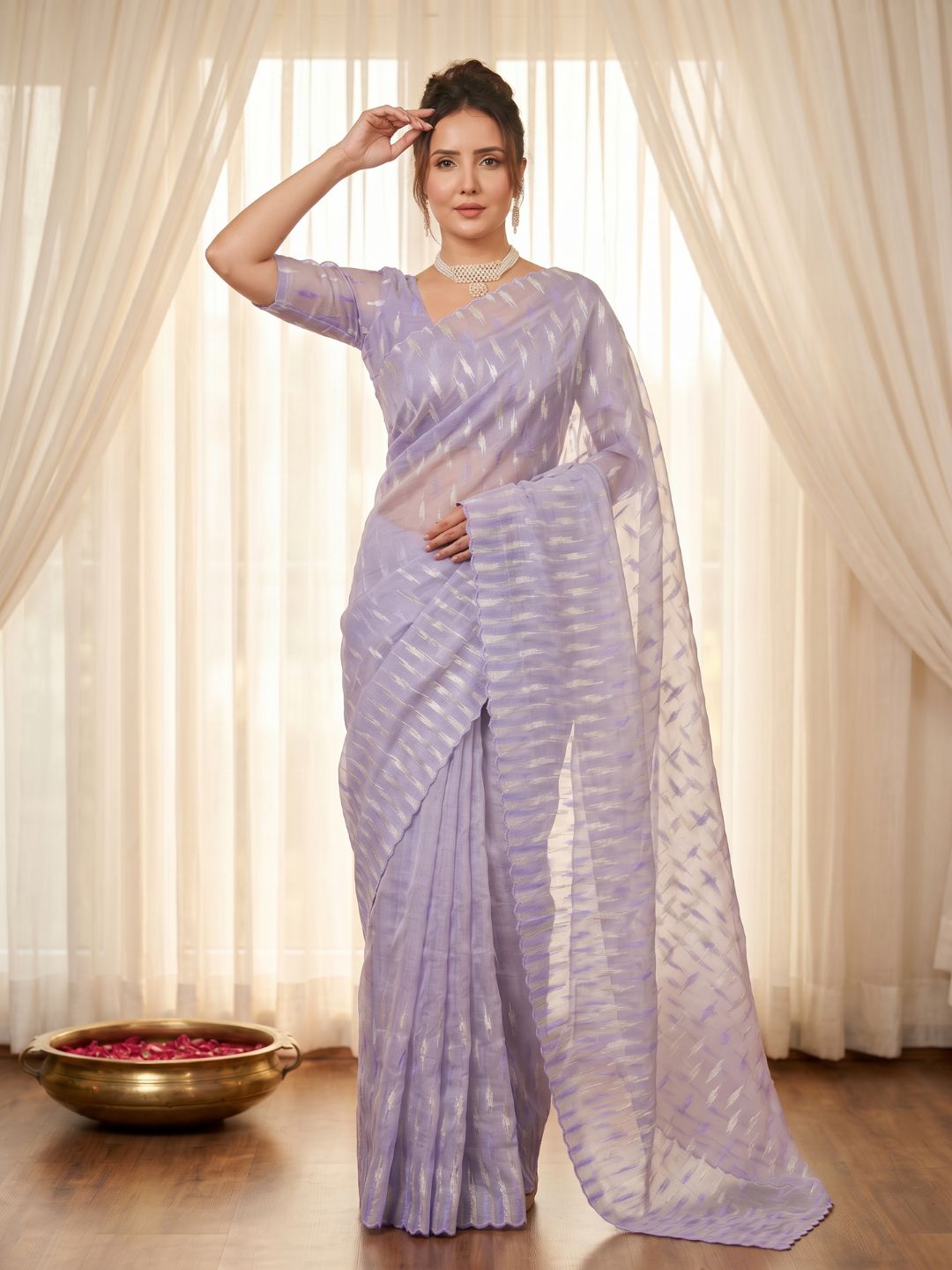 Lavender Pure Organza Silk Crush Saree Designer Party Wear Saree With Turkish Work Embroidered Cutwork Border Wedding Festive Saree