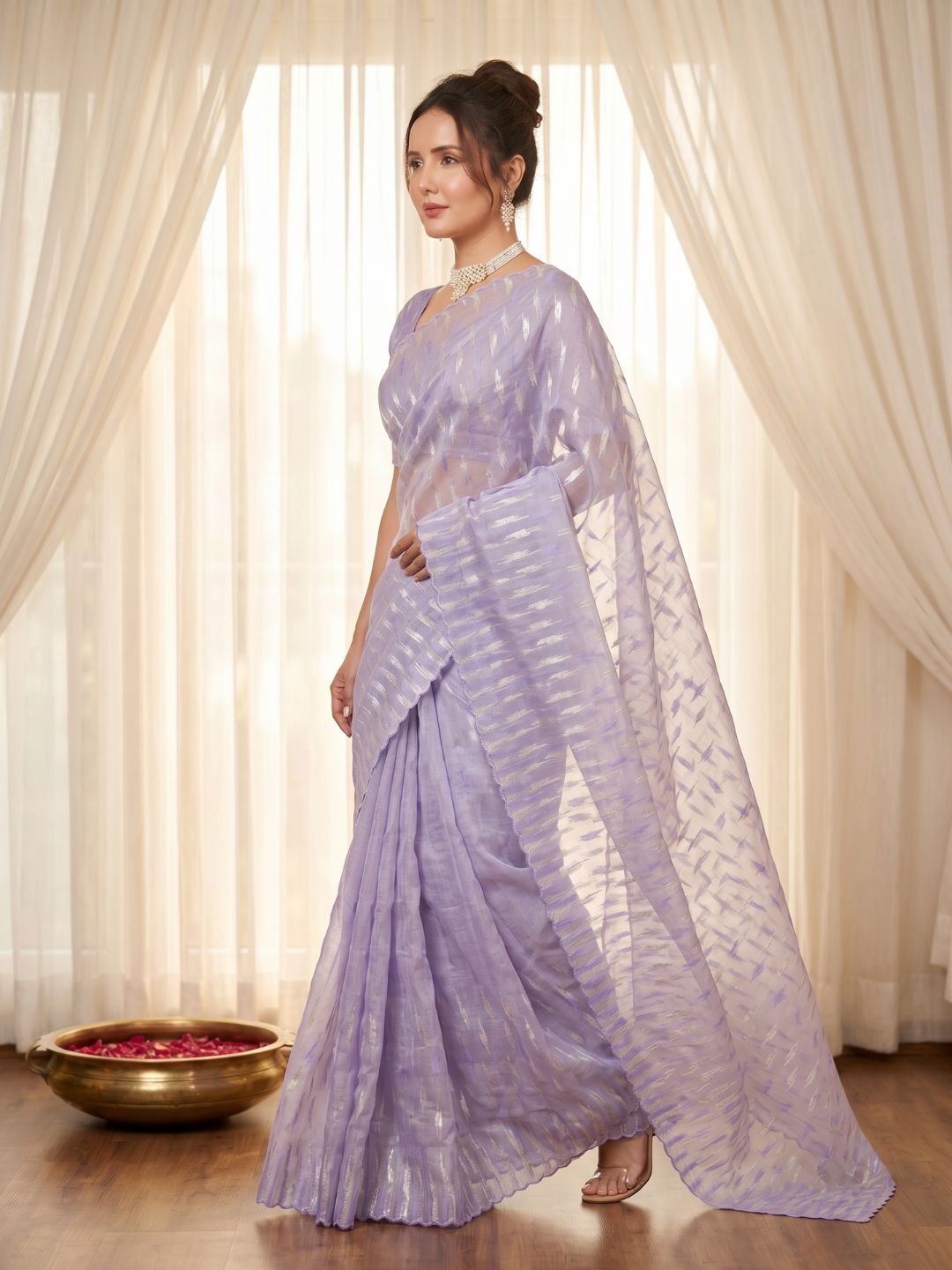 Lavender Pure Organza Silk Crush Saree Designer Party Wear Saree With Turkish Work Embroidered Cutwork Border Wedding Festive Saree