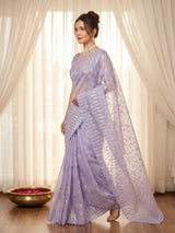 Lavender Pure Organza Silk Crush Saree Designer Party Wear Saree With Turkish Work Embroidered Cutwork Border Wedding Festive Saree