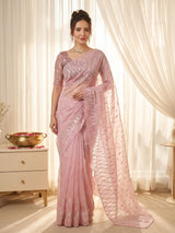 Pink Pure Organza Silk Crush Saree Designer Party Wear Saree With Turkish Work Embroidered Cutwork Border Wedding Festive Saree