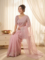 Pink Pure Organza Silk Crush Saree Designer Party Wear Saree With Turkish Work Embroidered Cutwork Border Wedding Festive Saree