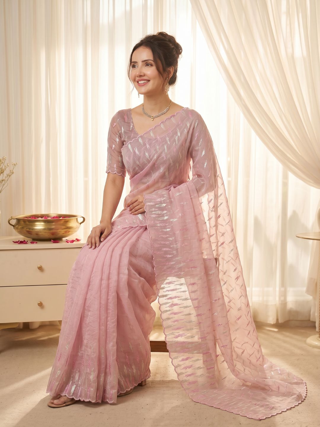 Pink Pure Organza Silk Crush Saree Designer Party Wear Saree With Turkish Work Embroidered Cutwork Border Wedding Festive Saree