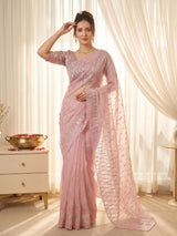 Pink Pure Organza Silk Crush Saree Designer Party Wear Saree With Turkish Work Embroidered Cutwork Border Wedding Festive Saree