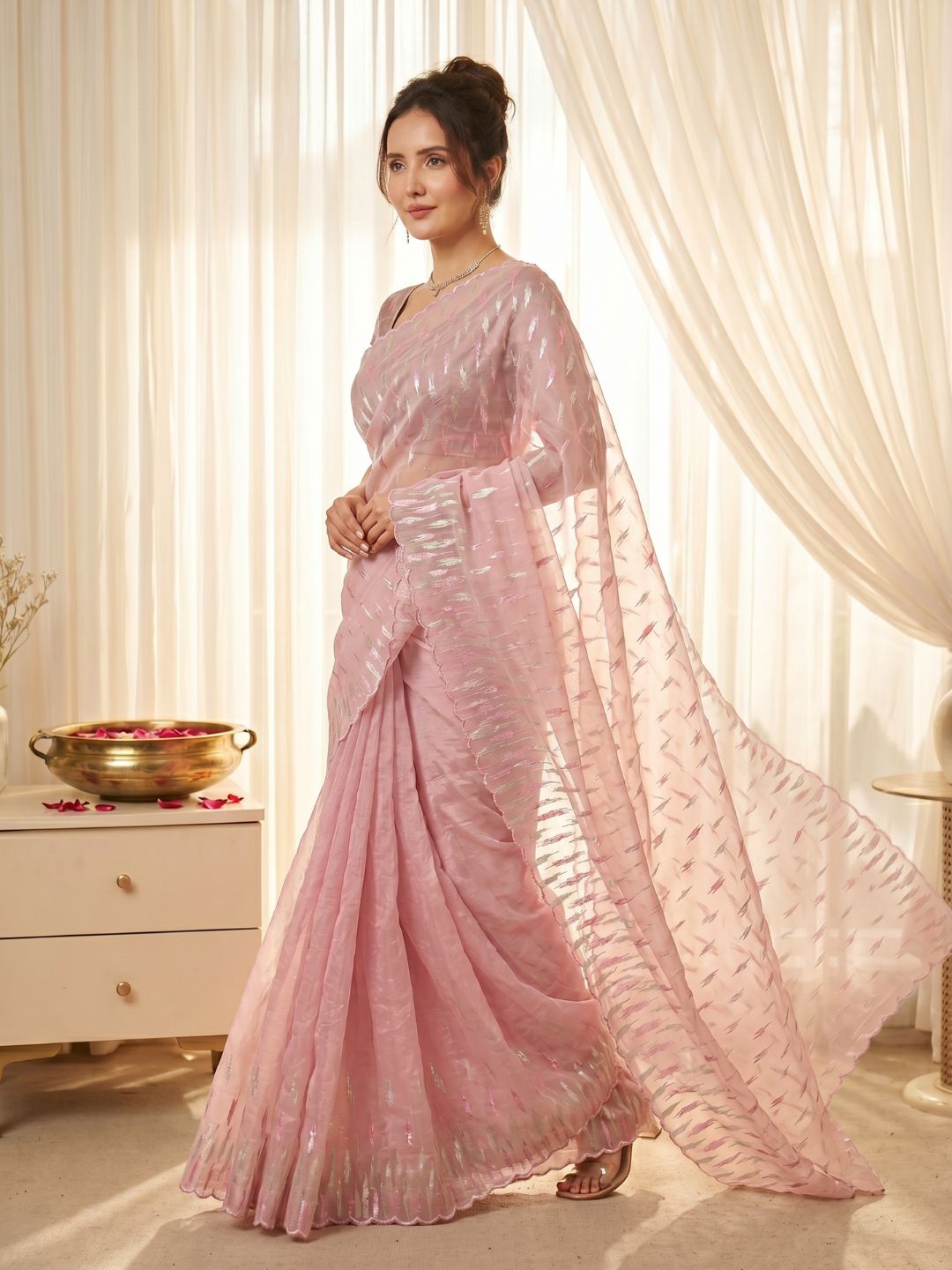 Pink Pure Organza Silk Crush Saree Designer Party Wear Saree With Turkish Work Embroidered Cutwork Border Wedding Festive Saree