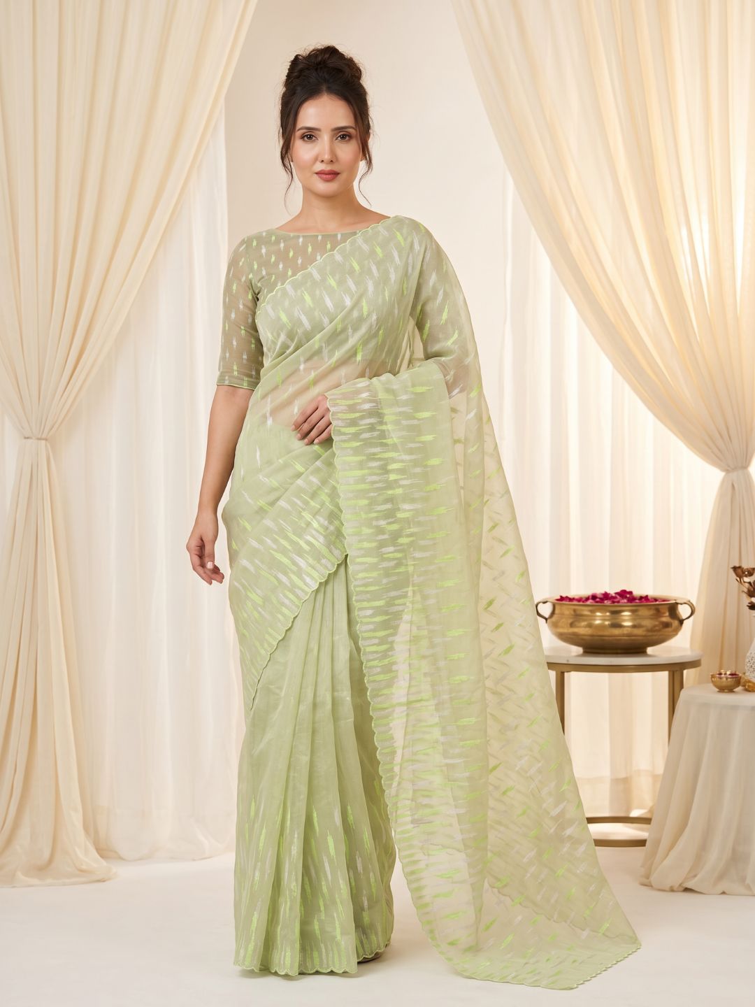 Pista Pure Organza Silk Crush Saree Designer Party Wear Saree With Turkish Work Embroidered Cutwork Border Wedding Festive Saree
