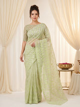 Pista Pure Organza Silk Crush Saree Designer Party Wear Saree With Turkish Work Embroidered Cutwork Border Wedding Festive Saree
