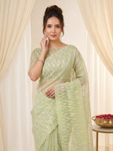 Pista Pure Organza Silk Crush Saree Designer Party Wear Saree With Turkish Work Embroidered Cutwork Border Wedding Festive Saree
