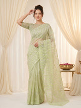 Pista Pure Organza Silk Crush Saree Designer Party Wear Saree With Turkish Work Embroidered Cutwork Border Wedding Festive Saree