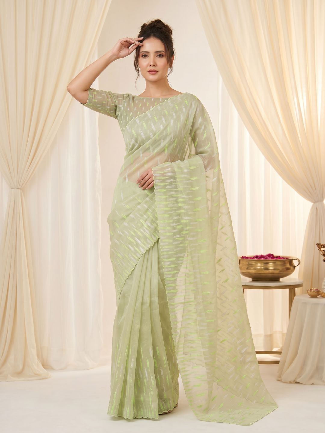 Pista Pure Organza Silk Crush Saree Designer Party Wear Saree With Turkish Work Embroidered Cutwork Border Wedding Festive Saree