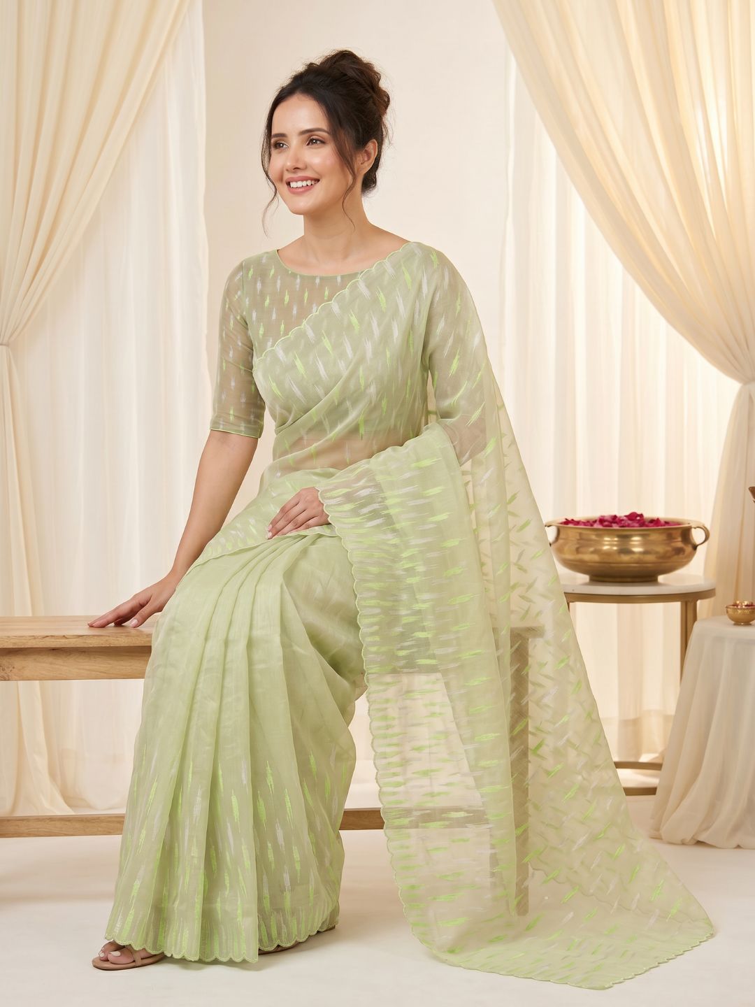 Pista Pure Organza Silk Crush Saree Designer Party Wear Saree With Turkish Work Embroidered Cutwork Border Wedding Festive Saree