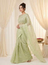 Pista Pure Organza Silk Crush Saree Designer Party Wear Saree With Turkish Work Embroidered Cutwork Border Wedding Festive Saree