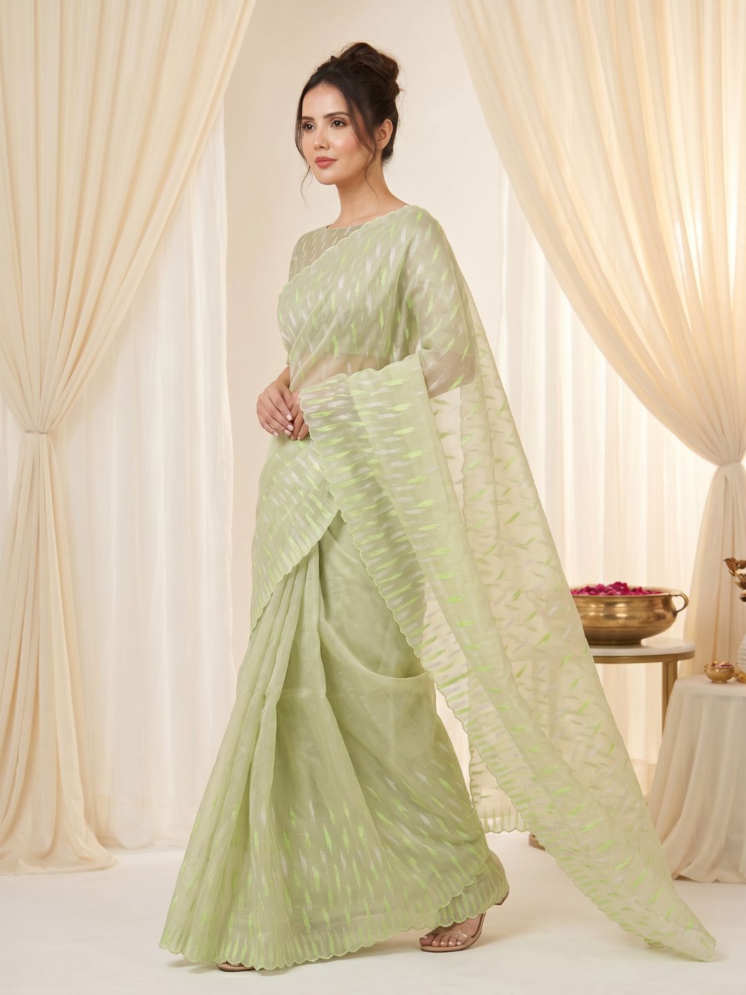 Pista Pure Organza Silk Crush Saree Designer Party Wear Saree With Turkish Work Embroidered Cutwork Border Wedding Festive Saree