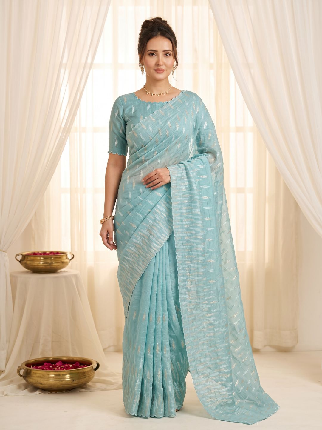 Sky Pure Organza Silk Crush Saree Designer Party Wear Saree With Turkish Work Embroidered Cutwork Border Wedding Festive Saree