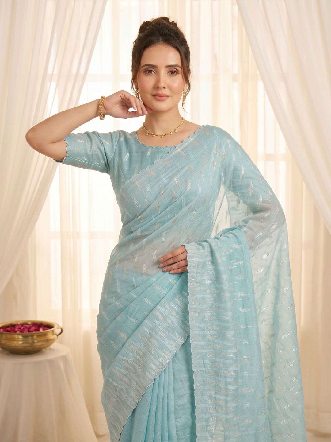Sky Pure Organza Silk Crush Saree Designer Party Wear Saree With Turkish Work Embroidered Cutwork Border Wedding Festive Saree