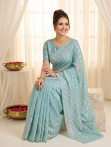 Sky Pure Organza Silk Crush Saree Designer Party Wear Saree With Turkish Work Embroidered Cutwork Border Wedding Festive Saree