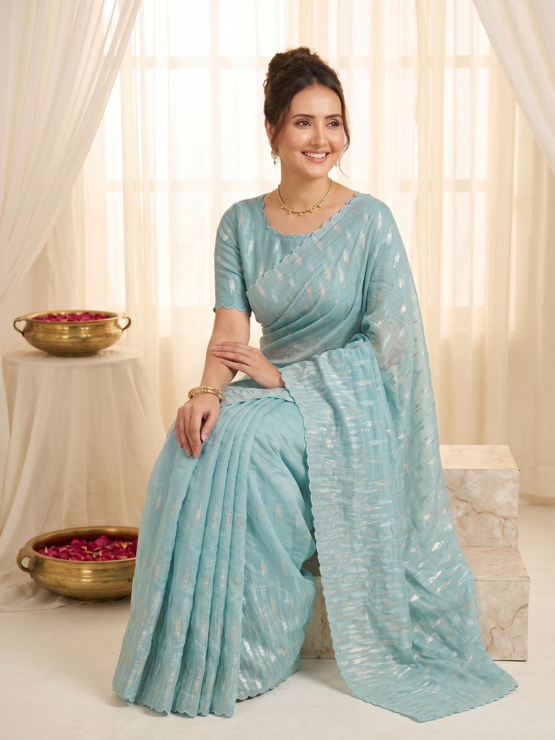 Sky Pure Organza Silk Crush Saree Designer Party Wear Saree With Turkish Work Embroidered Cutwork Border Wedding Festive Saree