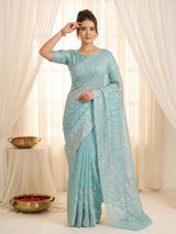 Sky Pure Organza Silk Crush Saree Designer Party Wear Saree With Turkish Work Embroidered Cutwork Border Wedding Festive Saree
