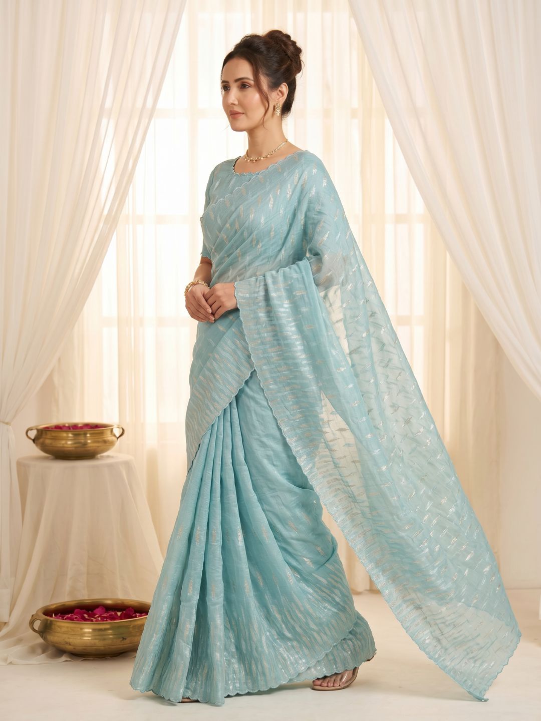 Sky Pure Organza Silk Crush Saree Designer Party Wear Saree With Turkish Work Embroidered Cutwork Border Wedding Festive Saree