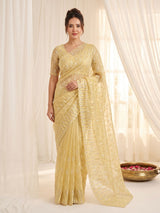 Yellow Pure Organza Silk Crush Saree Designer Party Wear Saree With Turkish Work Embroidered Cutwork Border Wedding Festive Saree