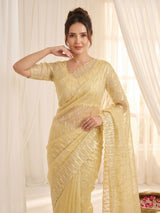 Yellow Pure Organza Silk Crush Saree Designer Party Wear Saree With Turkish Work Embroidered Cutwork Border Wedding Festive Saree