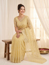 Yellow Pure Organza Silk Crush Saree Designer Party Wear Saree With Turkish Work Embroidered Cutwork Border Wedding Festive Saree