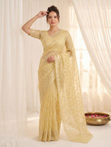 Yellow Pure Organza Silk Crush Saree Designer Party Wear Saree With Turkish Work Embroidered Cutwork Border Wedding Festive Saree