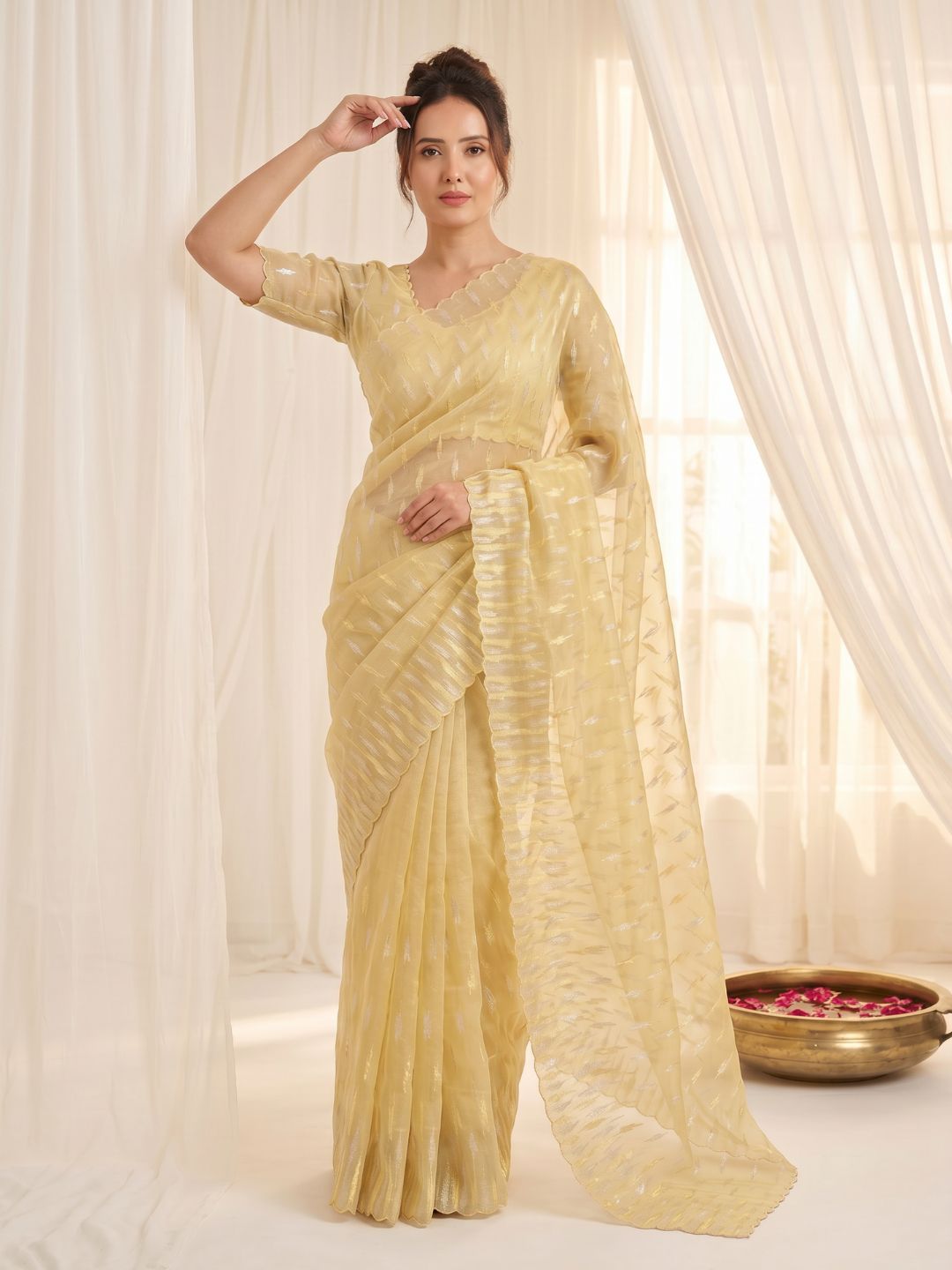 Yellow Pure Organza Silk Crush Saree Designer Party Wear Saree With Turkish Work Embroidered Cutwork Border Wedding Festive Saree