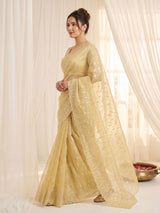 Yellow Pure Organza Silk Crush Saree Designer Party Wear Saree With Turkish Work Embroidered Cutwork Border Wedding Festive Saree