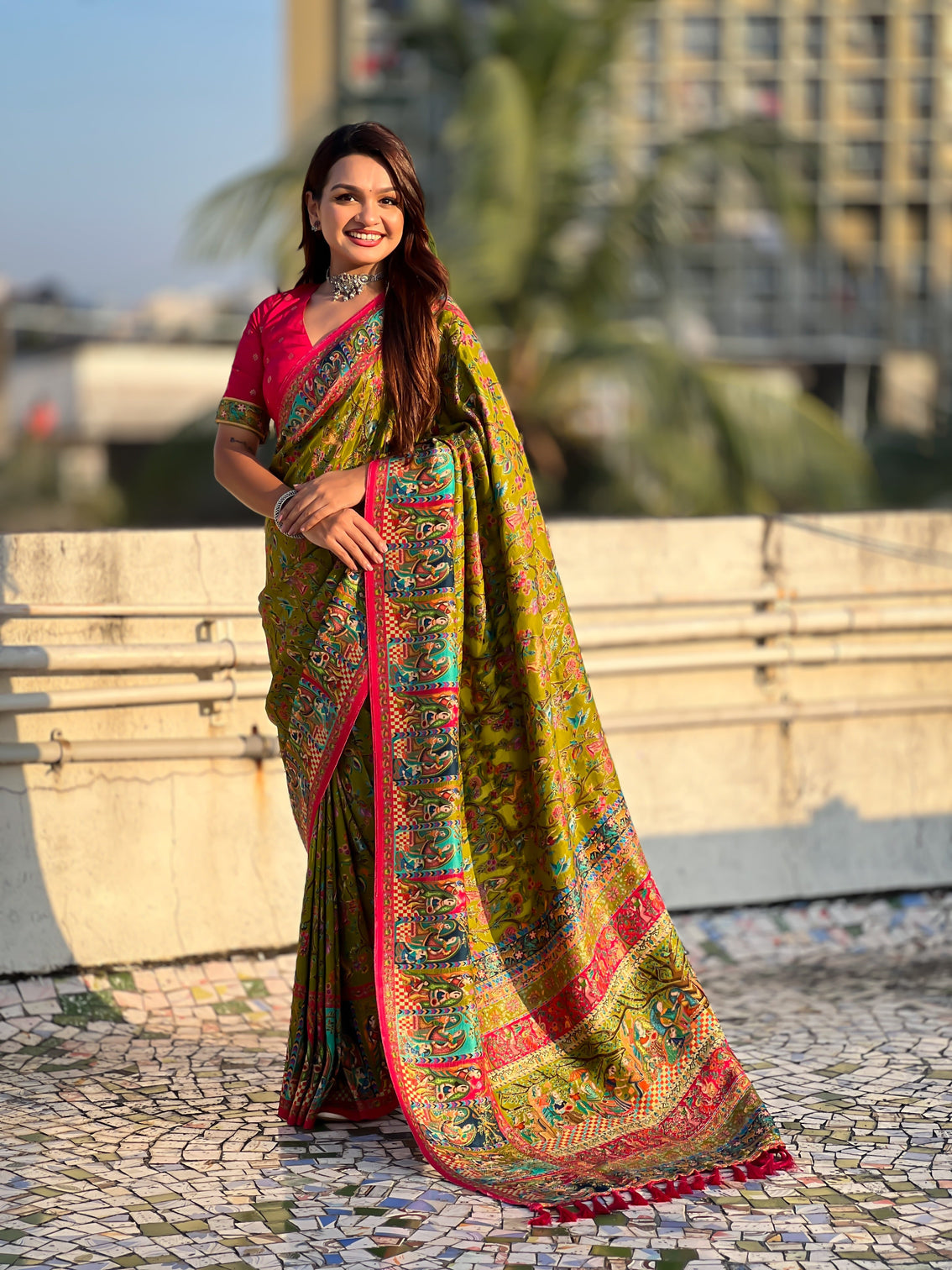 Mehendi green pure viscose silk position printed darbari saree