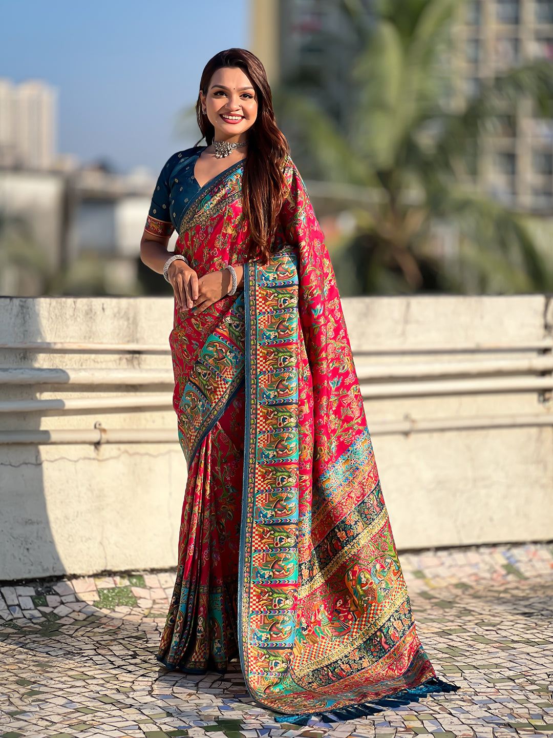 Pink pure viscose silk position printed darbari saree
