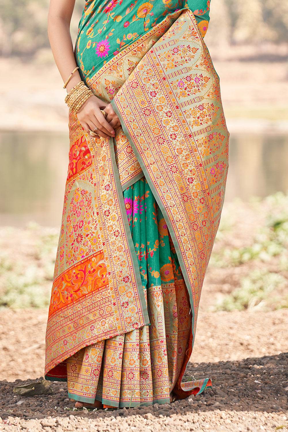 Seafoam Green Kalamkari Saree