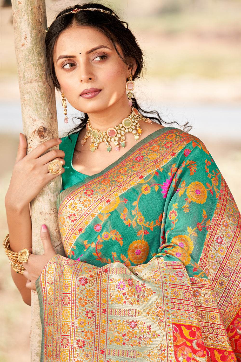 Seafoam Green Kalamkari Saree