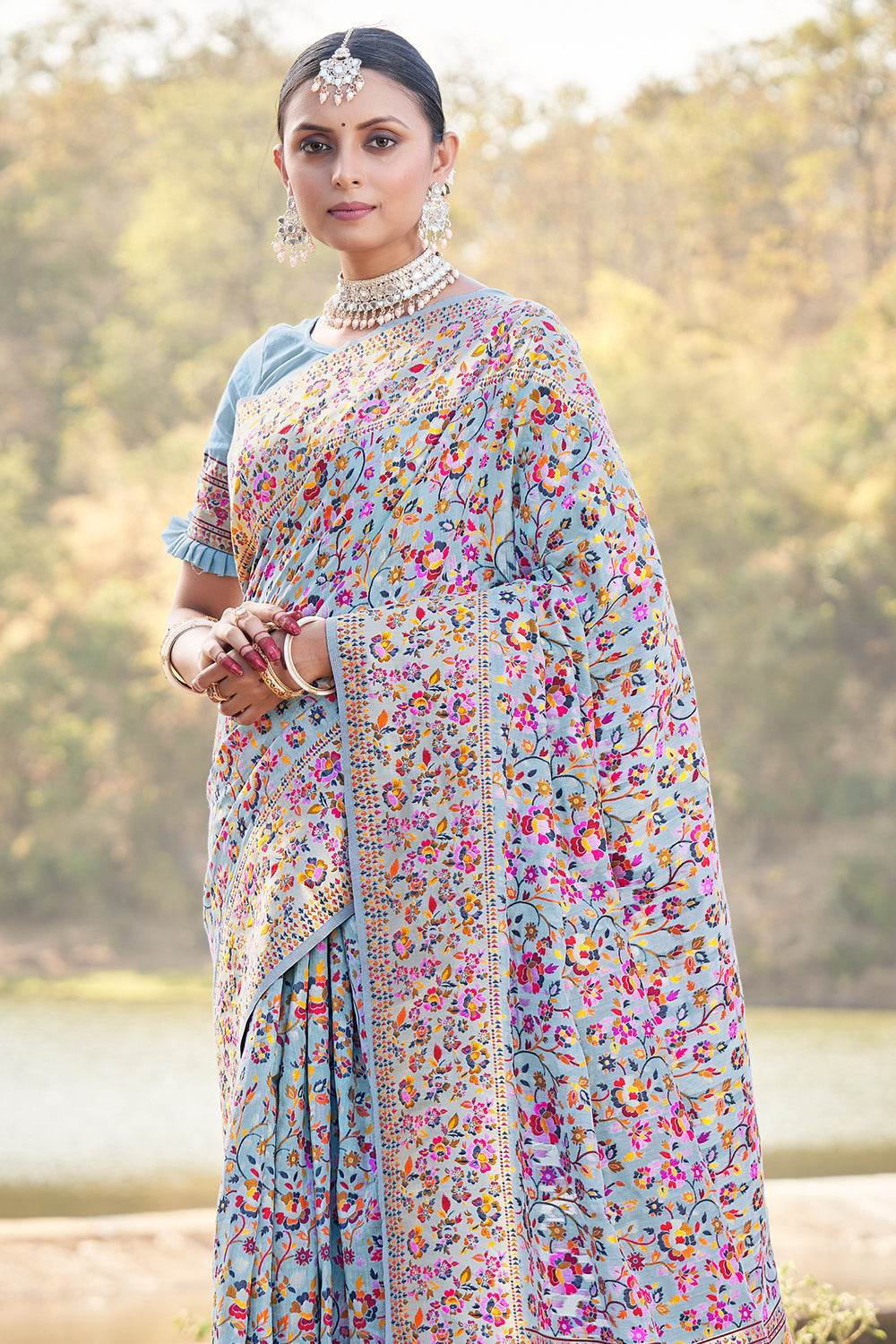 Powder Blue Kalamkari Saree