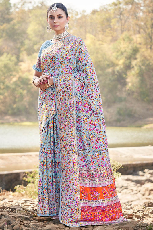 Powder Blue Kalamkari Saree