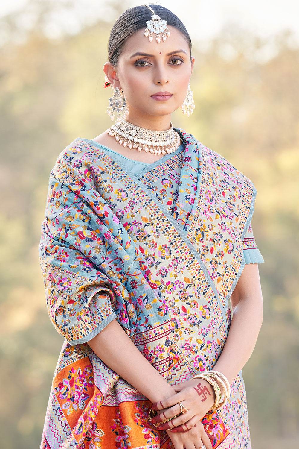 Powder Blue Kalamkari Saree