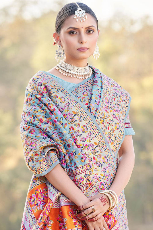 Powder Blue Kalamkari Saree
