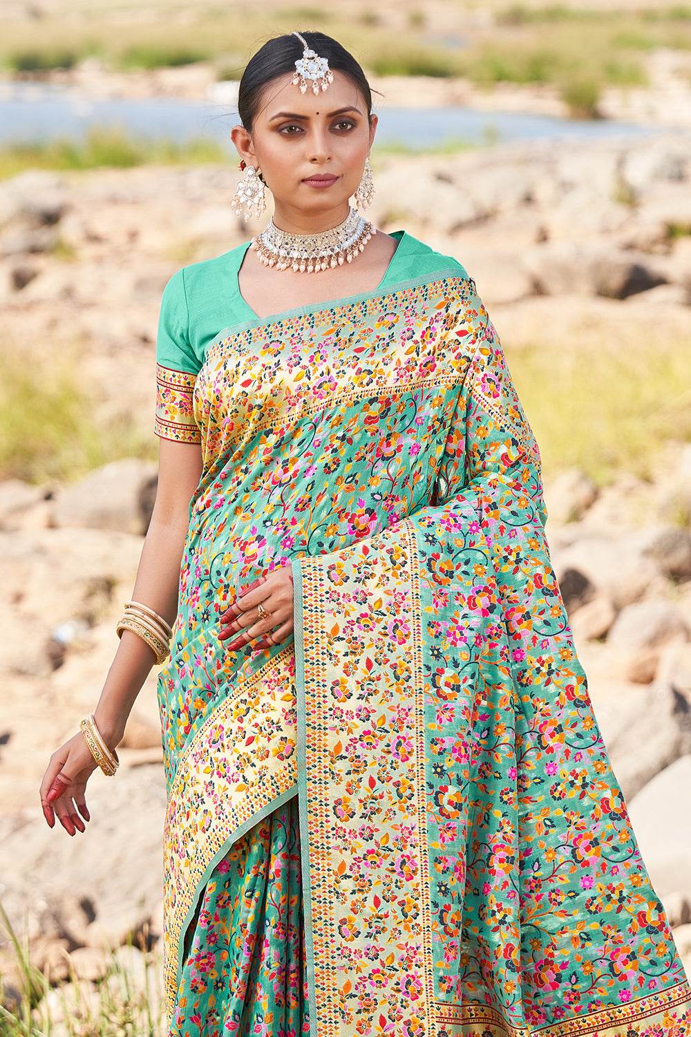 Seafoam Green Kalamkari Saree