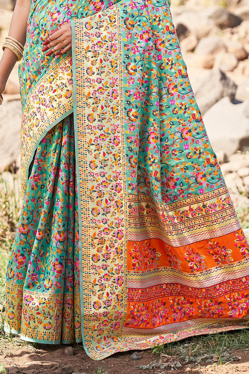 Seafoam Green Kalamkari Saree