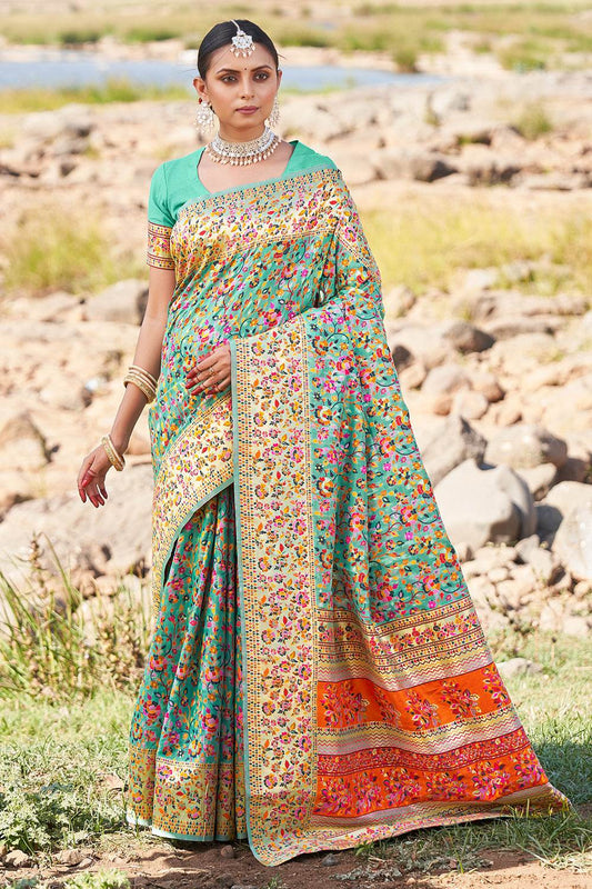 Seafoam Green Kalamkari Saree