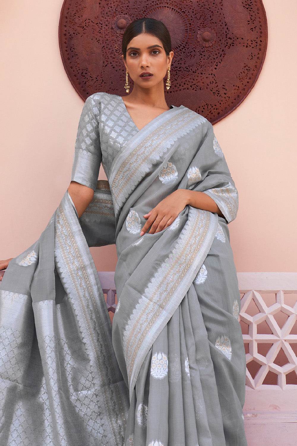 Coin Grey Linen Saree