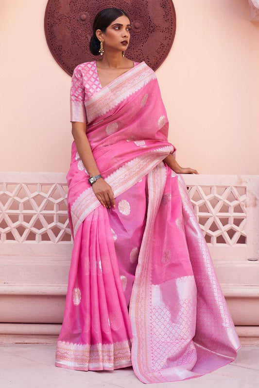 Flamingo Pink Linen Saree