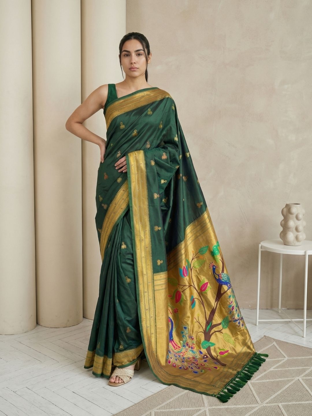 BGreen Paithani Silk Saree with Jhumka Zari Motifs, Meenakari Peacock Pallu and Triple Muniya Border