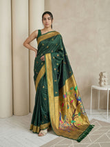 BGreen Paithani Silk Saree with Jhumka Zari Motifs, Meenakari Peacock Pallu and Triple Muniya Border