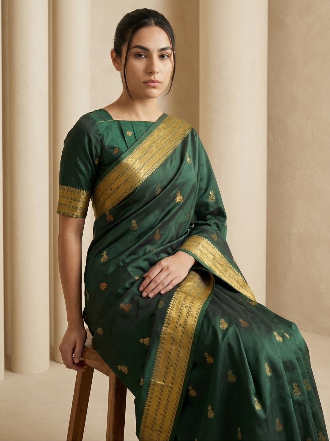 BGreen Paithani Silk Saree with Jhumka Zari Motifs, Meenakari Peacock Pallu and Triple Muniya Border