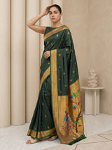 BGreen Paithani Silk Saree with Jhumka Zari Motifs, Meenakari Peacock Pallu and Triple Muniya Border